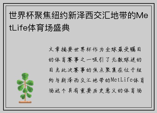 世界杯聚焦纽约新泽西交汇地带的MetLife体育场盛典 世界杯聚焦纽约新泽西交汇地带的MetLife体育场盛典